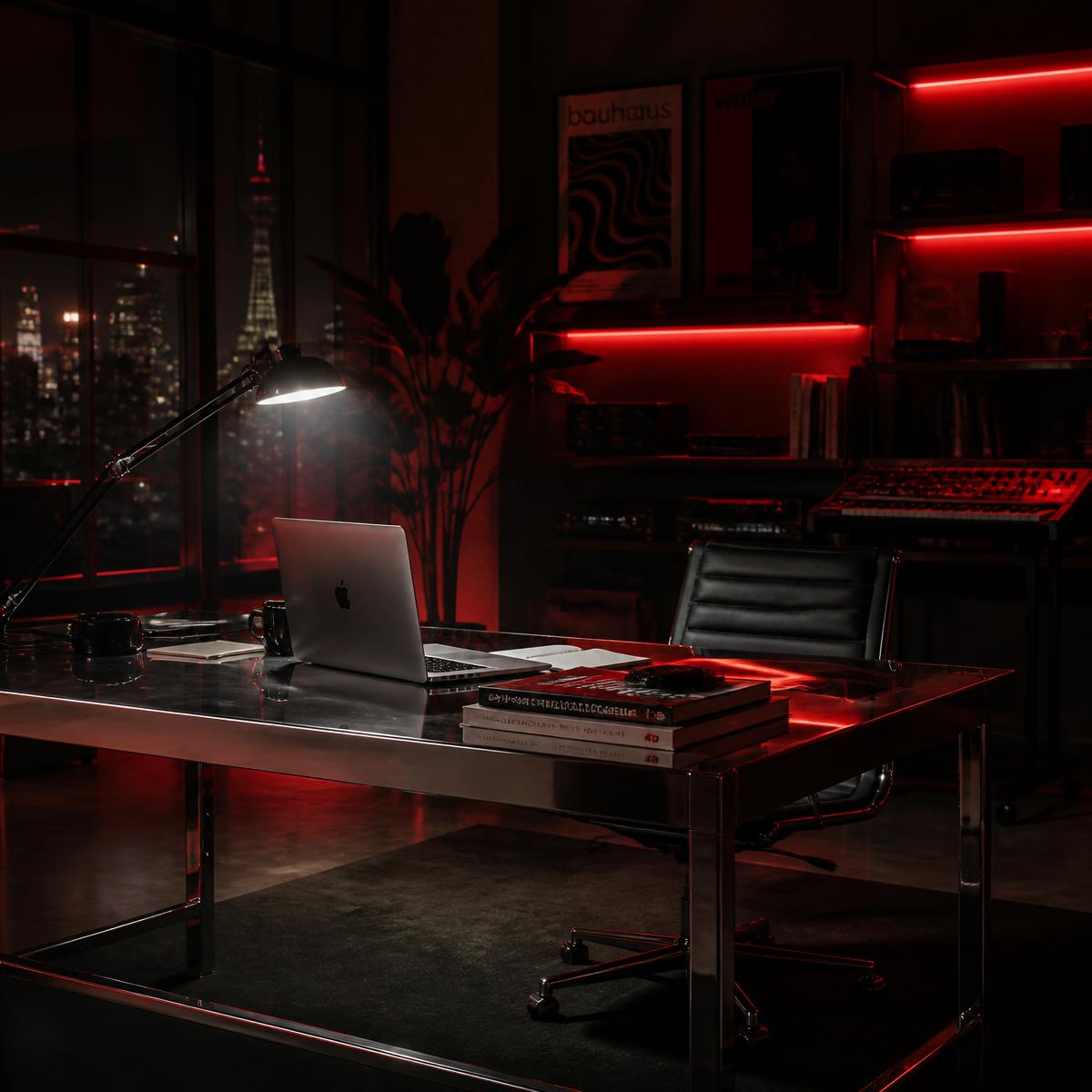 The Huntley818 studio at night lit with red ambient light