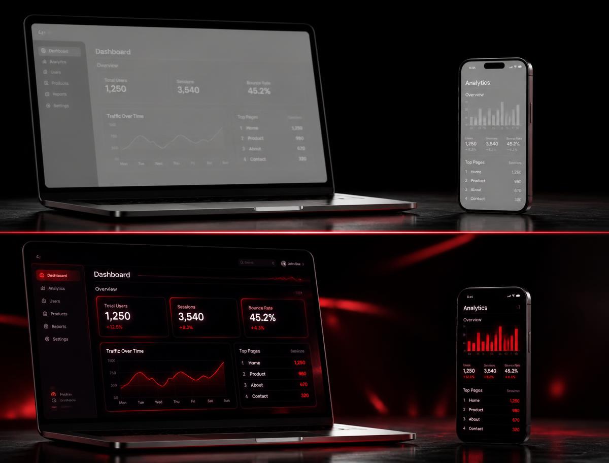 Before and after transformation of a brand's website across laptop and phone